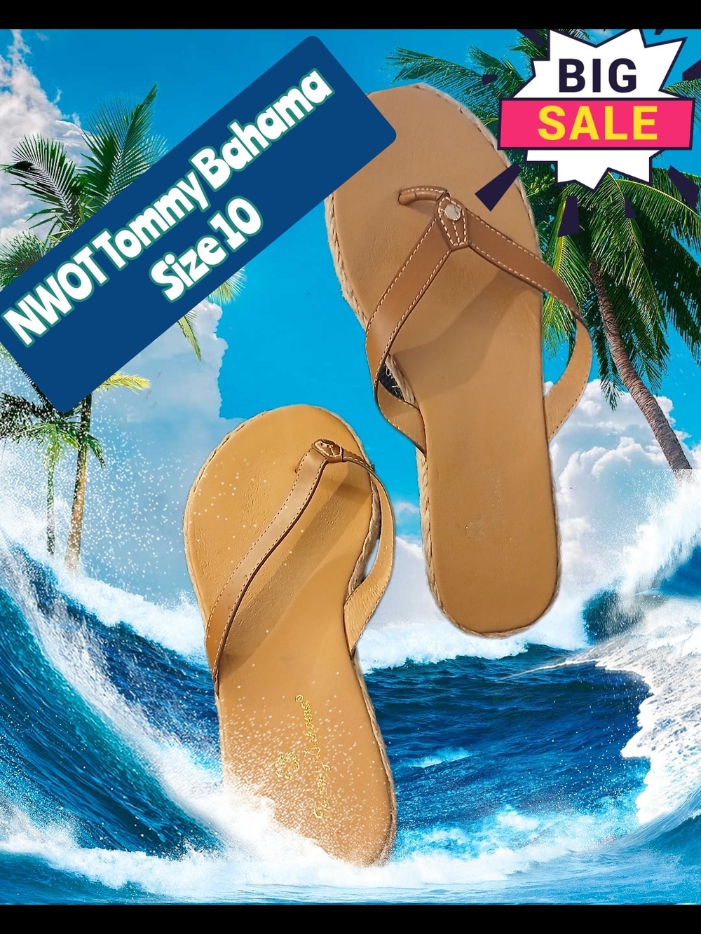 Tommy Bahama Tan Leather Flip Flop Sandals